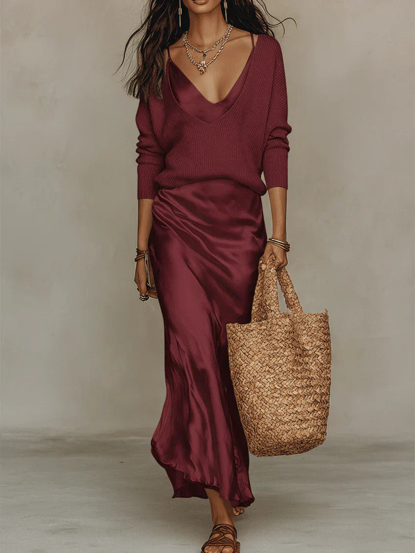 Elena | Abito Midi Satinato con Maglione Incluso