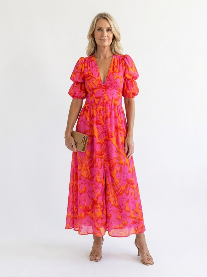 Willow | Abito midi a maniche a sbuffo con scollo a V e stampa floreale