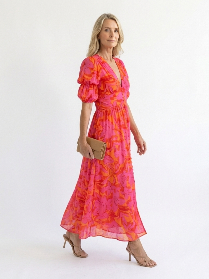 Willow | Abito midi a maniche a sbuffo con scollo a V e stampa floreale