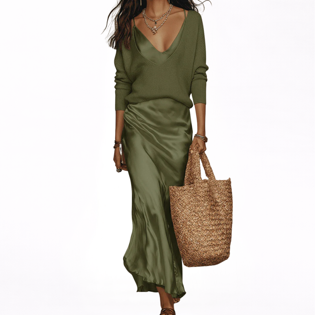 Elena | Abito Midi Satinato con Maglione Incluso