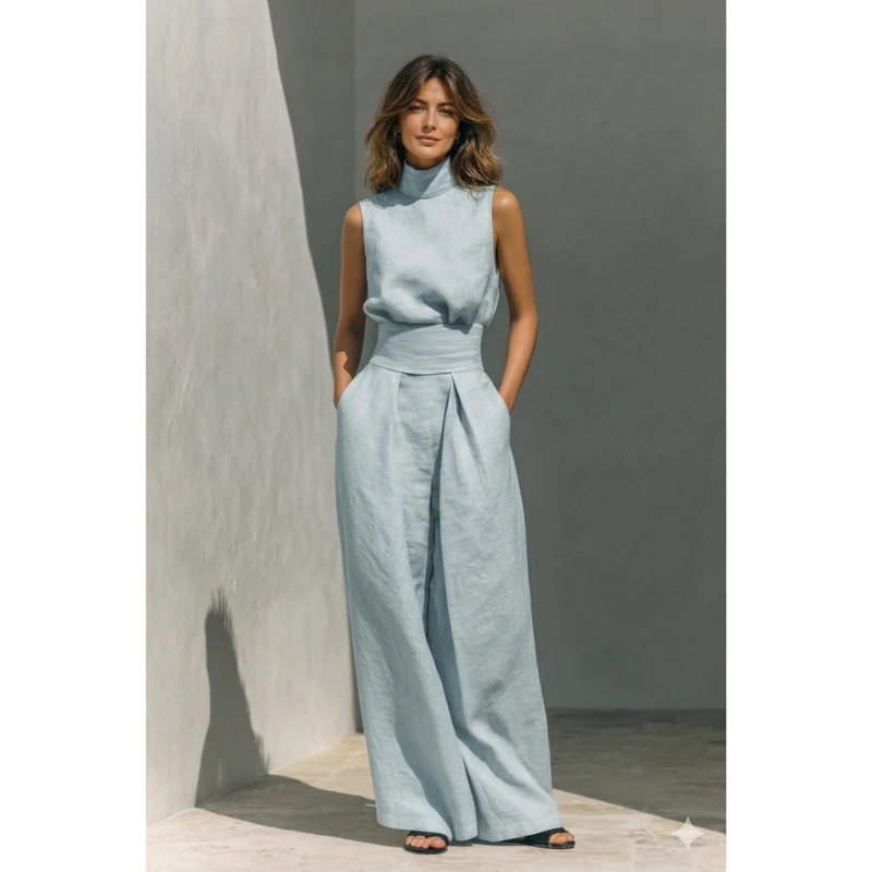 Maria - Completo di canotta e pantaloni larghi in cotone e lino minimalista per donna