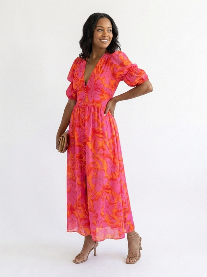 Willow | Abito midi a maniche a sbuffo con scollo a V e stampa floreale