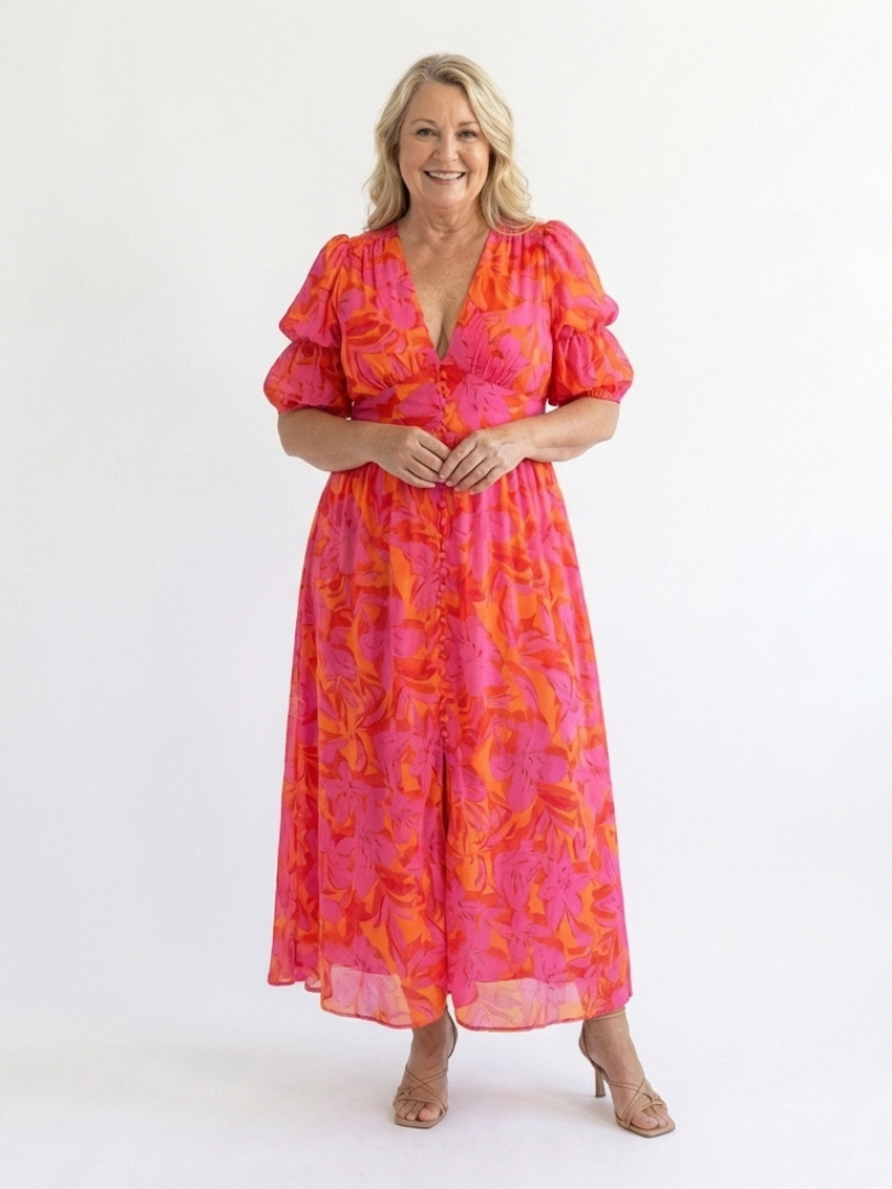 Willow | Abito midi a maniche a sbuffo con scollo a V e stampa floreale