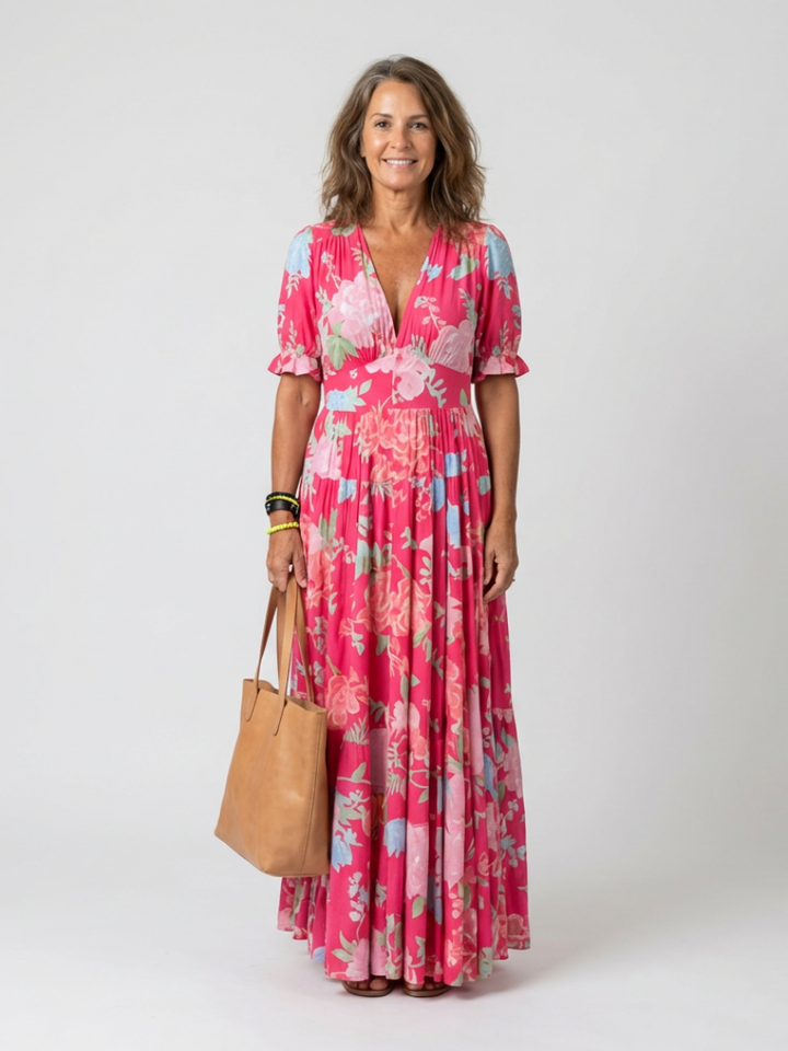 Lone | Abito midi floreale con scollo a V e maniche corte