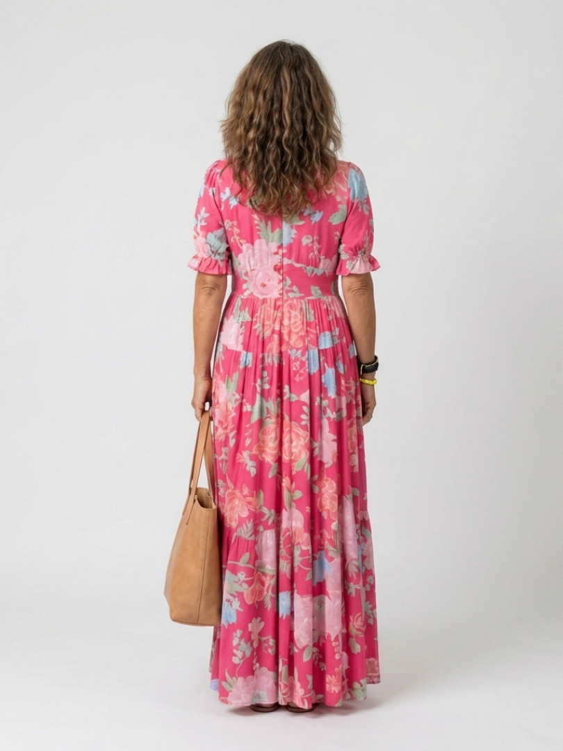 Lone | Abito midi floreale con scollo a V e maniche corte