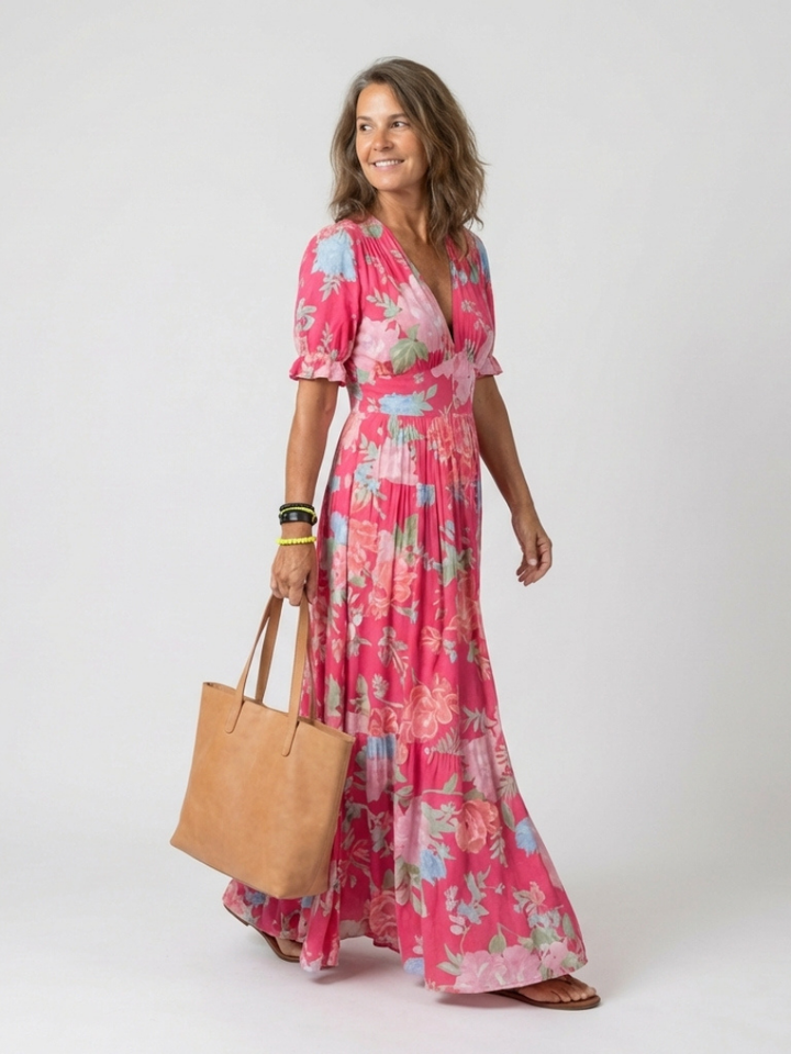 Lone | Abito midi floreale con scollo a V e maniche corte