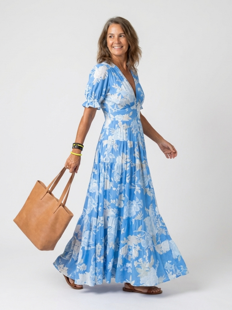 Lone | Abito midi floreale con scollo a V e maniche corte