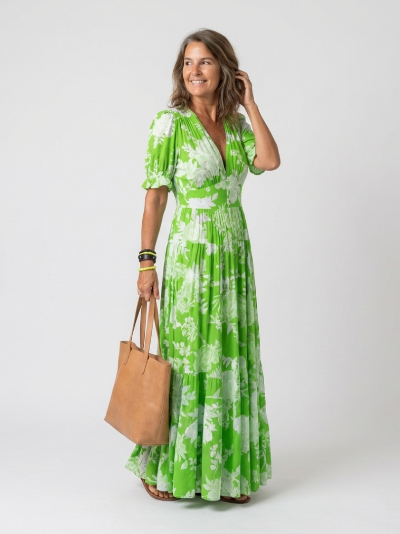 Lone | Abito midi floreale con scollo a V e maniche corte