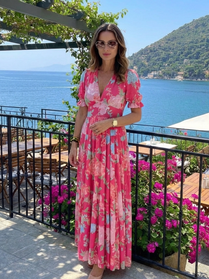 Lone | Abito midi floreale con scollo a V e maniche corte