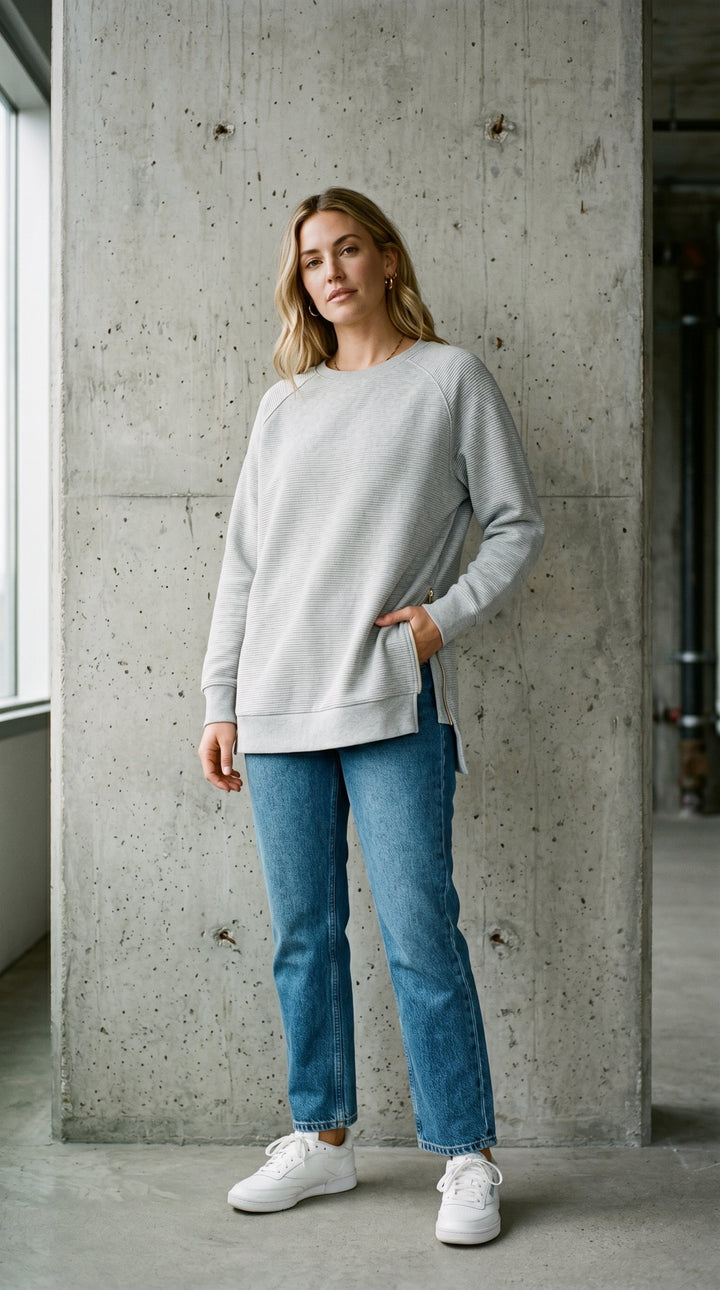 Felpa oversize a costine con zip laterali