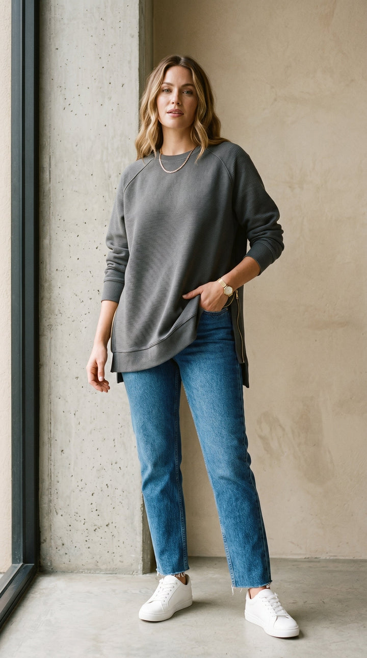 Felpa oversize a costine con zip laterali