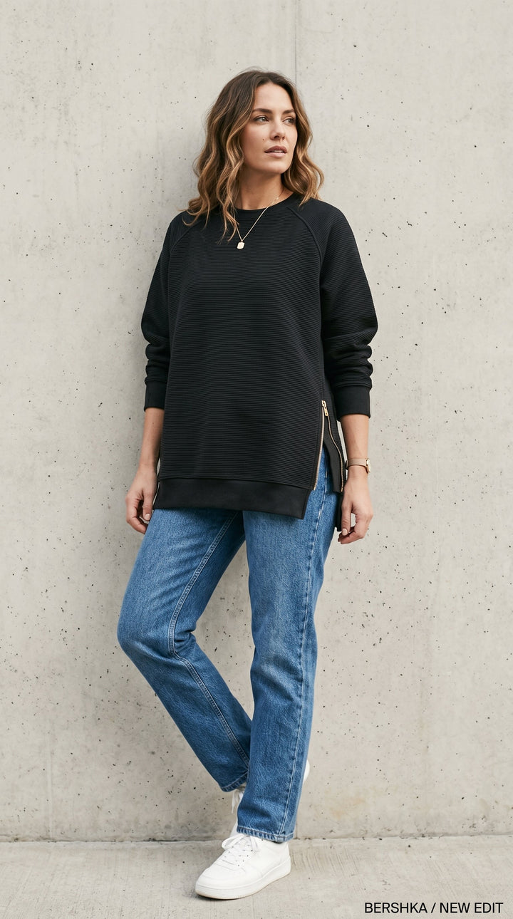 Felpa oversize a costine con zip laterali