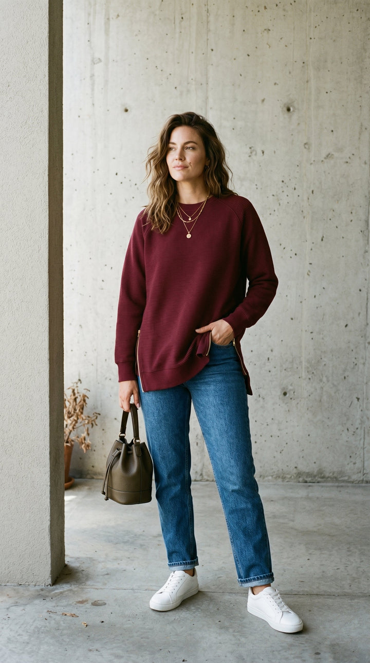 Felpa oversize a costine con zip laterali