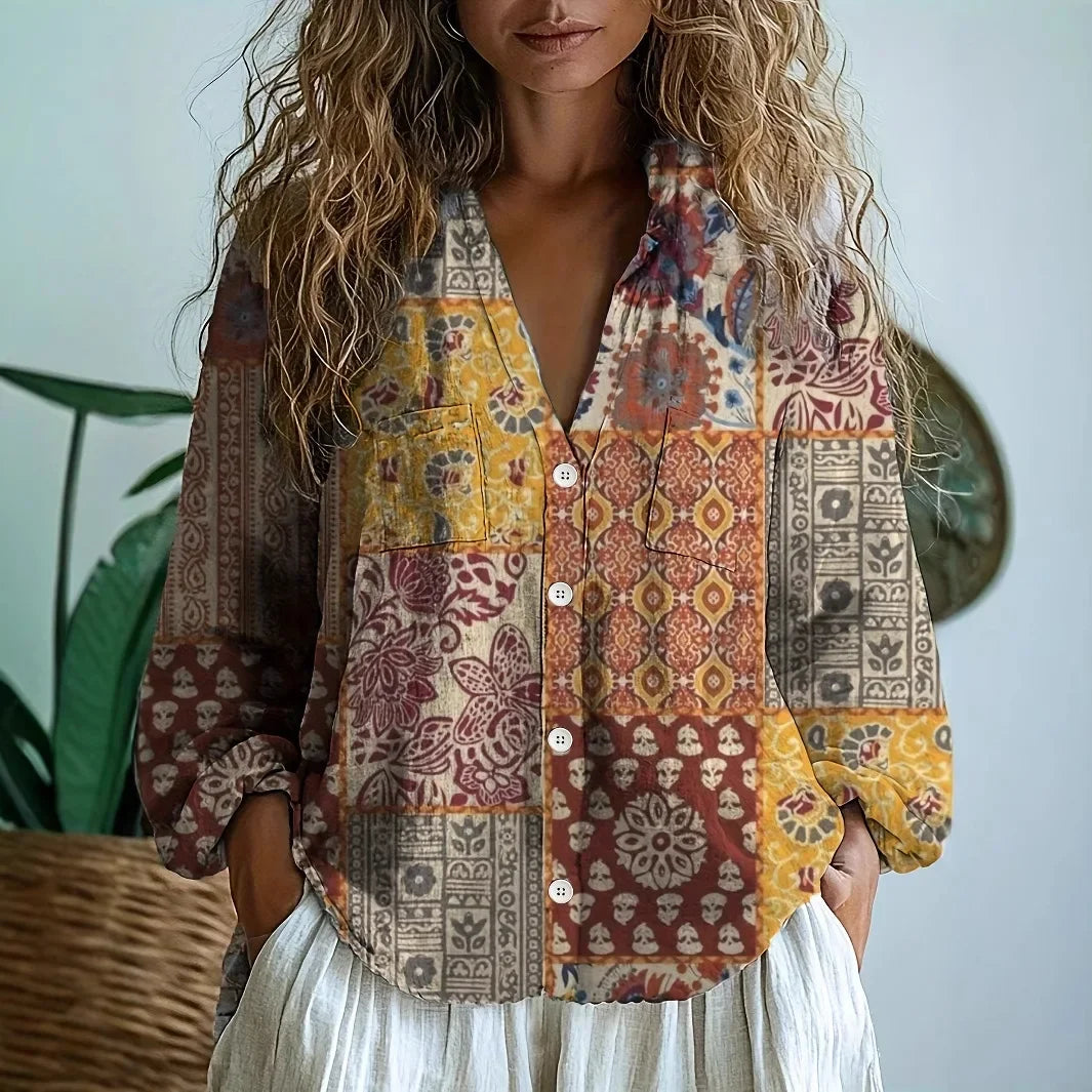 Camicetta da donna | Maniche lunghe con scollo a V stampato